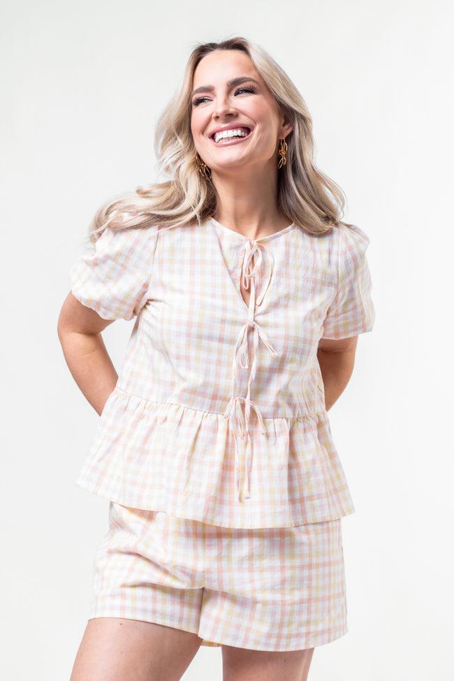 Tell Your Story Multi Gingham Short Sleeve Tie Front Peplum Blouse SALE Product Image