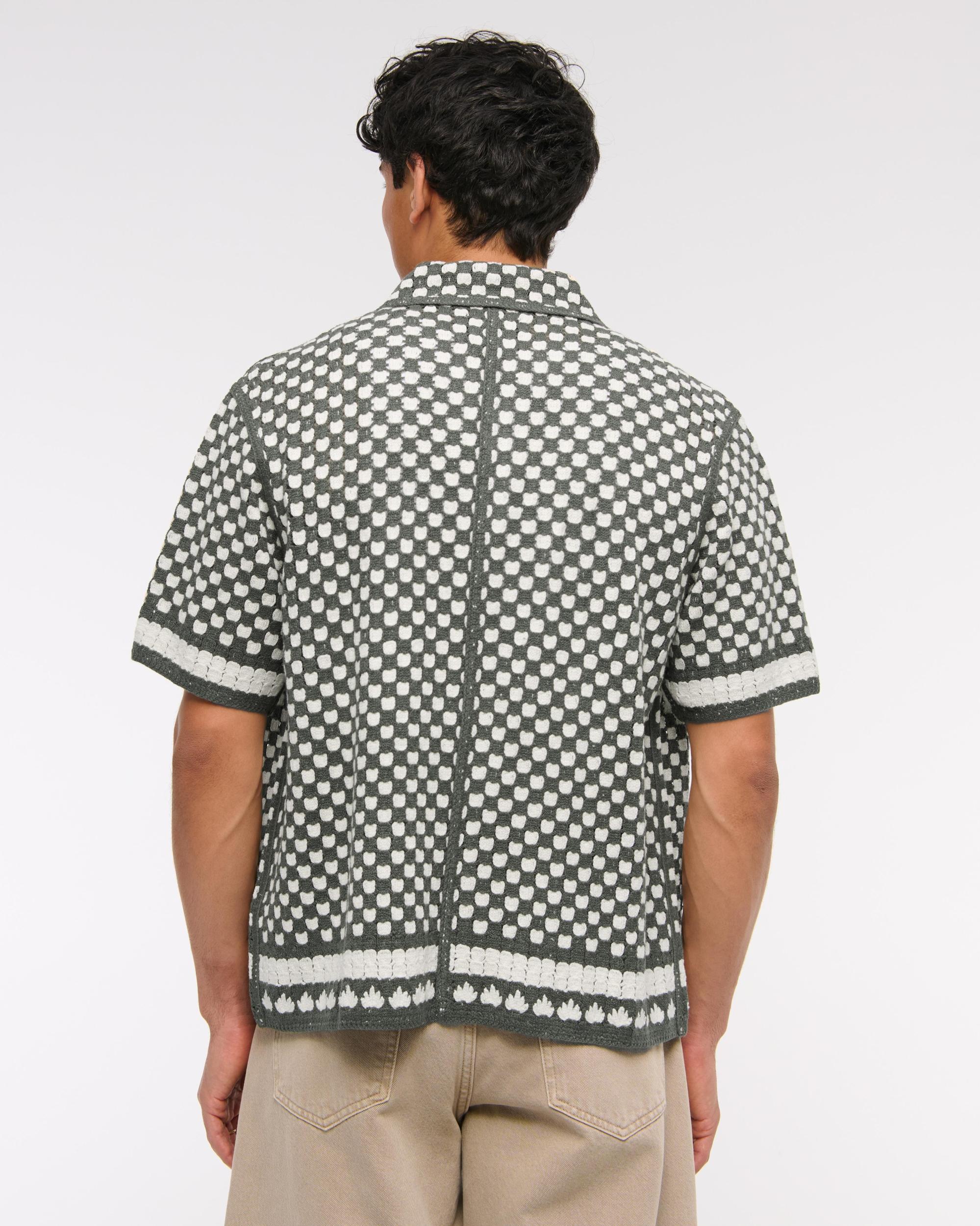 Crochet-Style Border Stripe Button-Through Sweater Polo Product Image