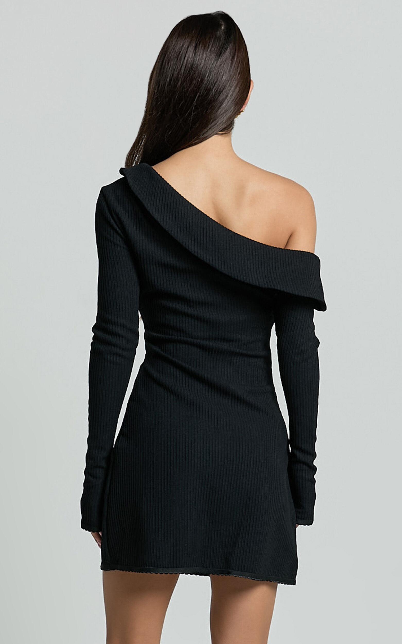 Danielle Mini Dress - Off Shoulder Long Sleeve Fitted Dress in Black Product Image