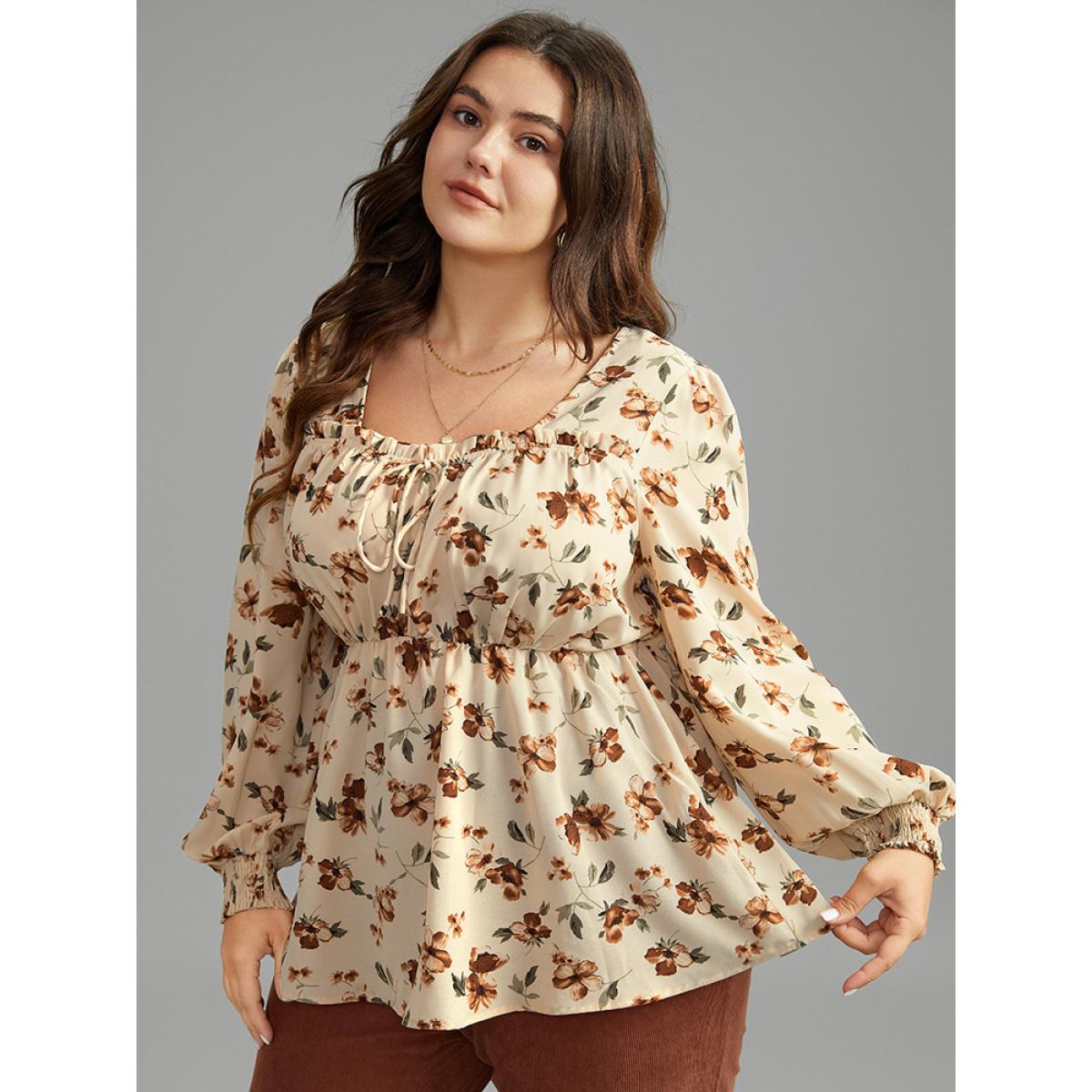 Plus Size Tan Ditsy Floral Shirred Ties Square Neck Blouse Women Elegant Long Sleeve Square Neck Dailywear Blouses BloomChic 18-20/2X Product Image