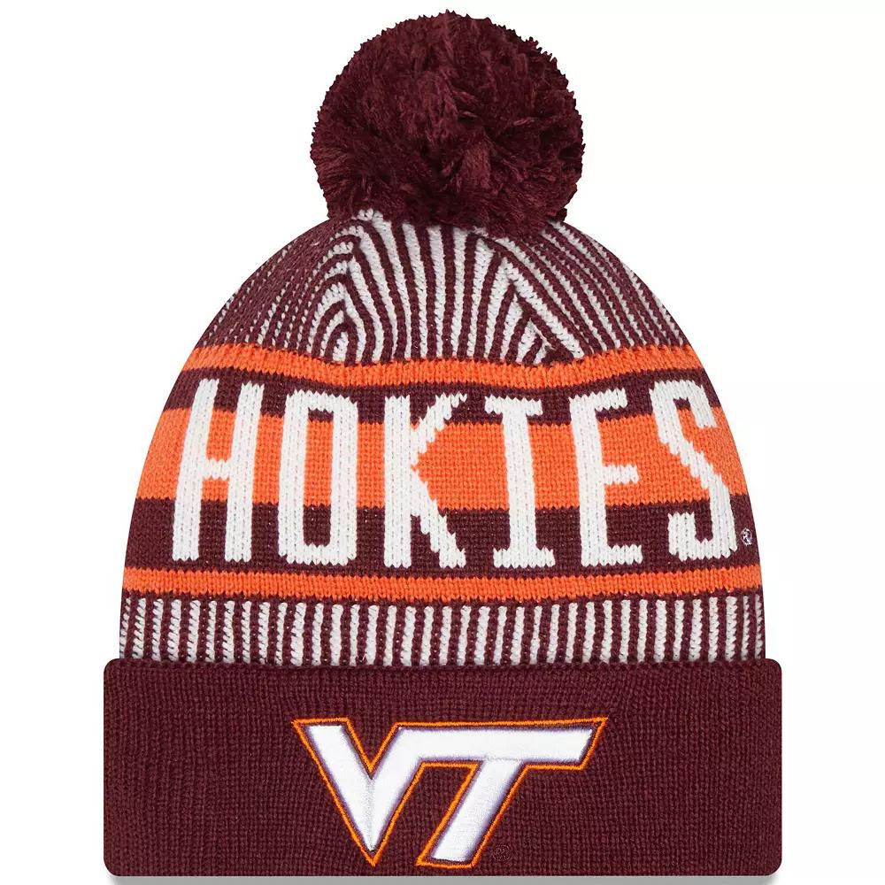 Men's New Era  Maroon Virginia Tech Hokies Logo Striped Cuff Knit Hat with Pom, Red Product Image