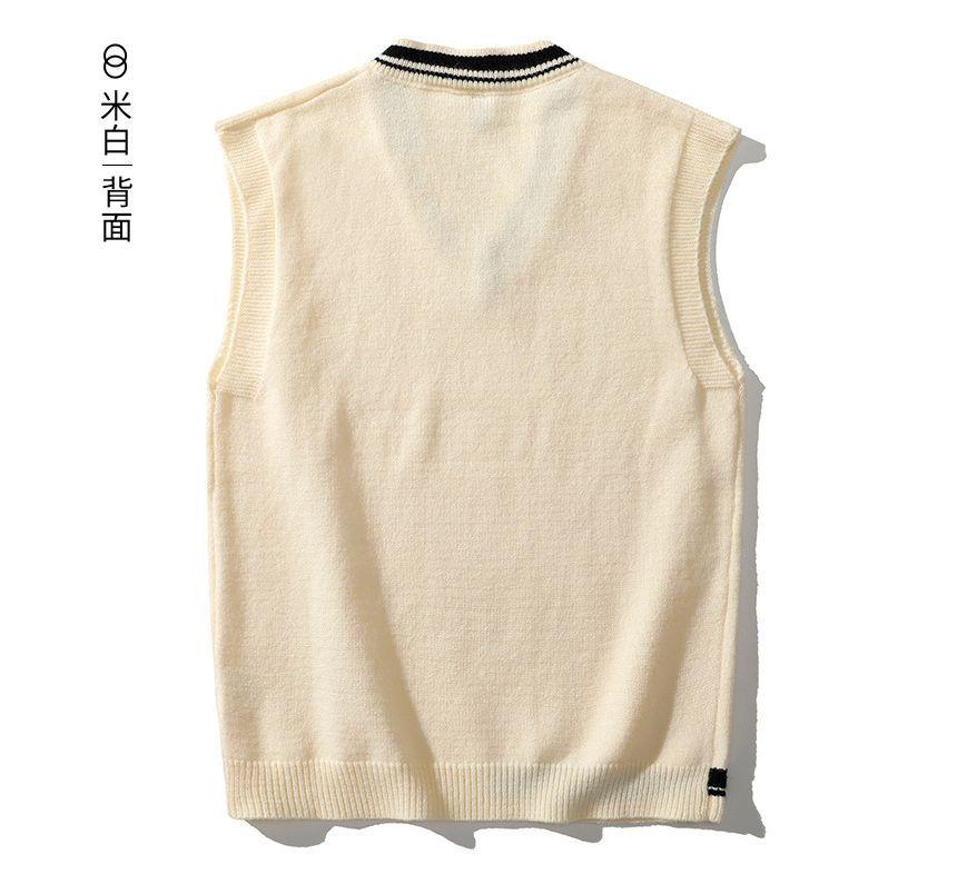 V-Neck Lettering Embroidery Contrast Trim Loose-Fit Sweater Vest Product Image