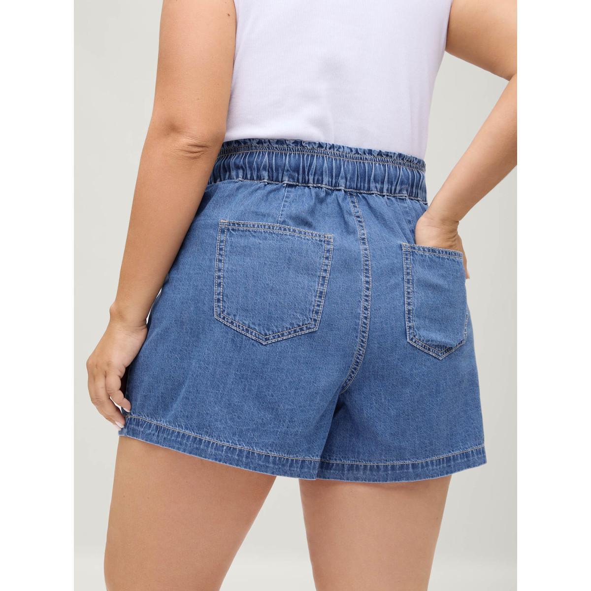 Plus Size Cotton Stretchy Waist Drawstring Classic Denim Shorts Women Midblue No stretch Casual Slanted pocket Leisure Denim Shorts BloomChic 18/2X Product Image