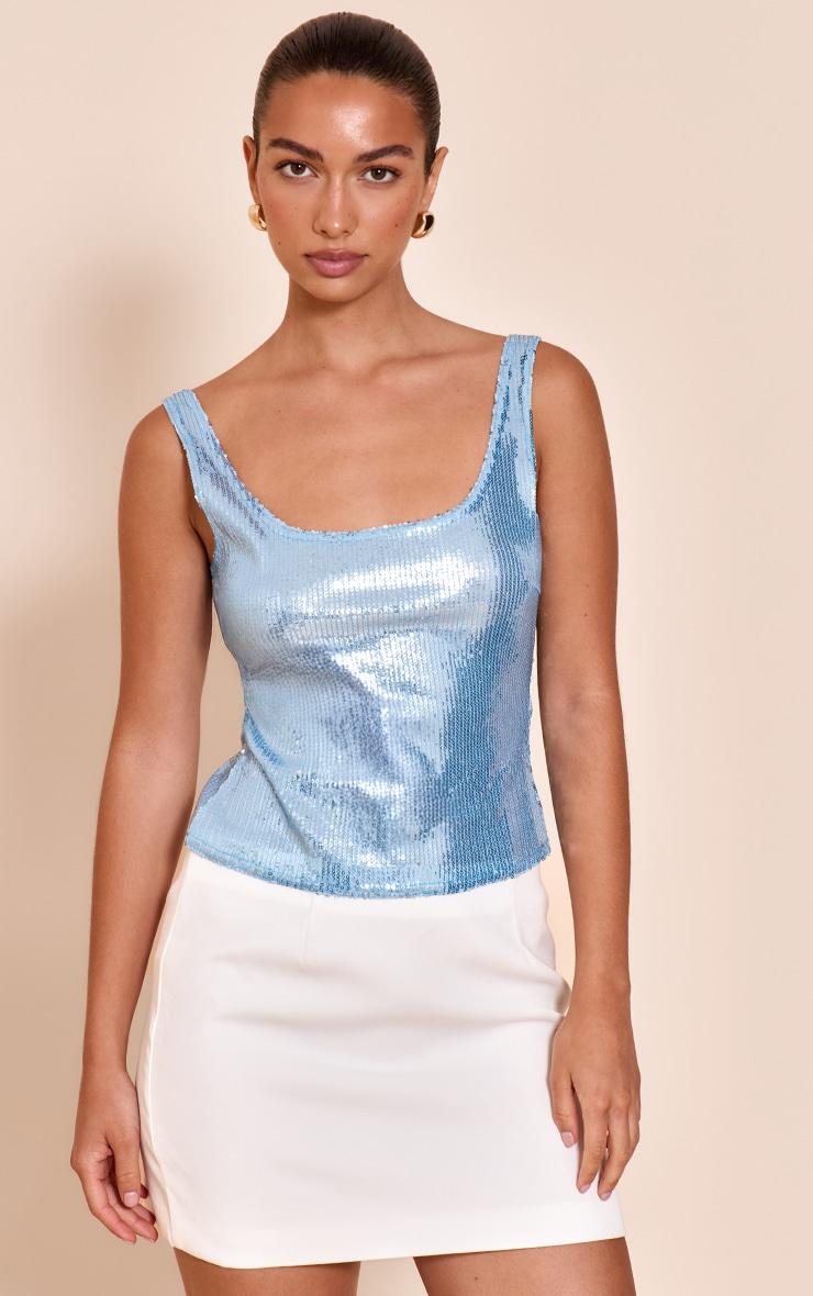 Sky Blue Sequin Scoop Neck Long Top Product Image