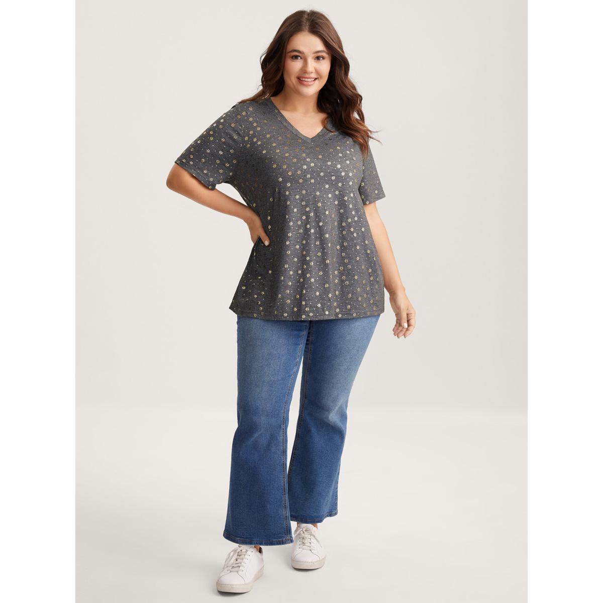 Plus Size Supersoft Stretchy Gold Floral T-Shirt DimGray Women Leisure Non V-neck Casual T-shirts BloomChic 10/M Product Image