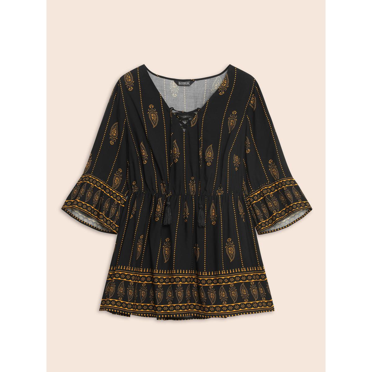 Plus Size Black Boho Print Lace Up Bell Sleeve Blouse Women Elegant Elbow-length sleeve V-neck Everyday Blouses BloomChic 14-16/1X Product Image