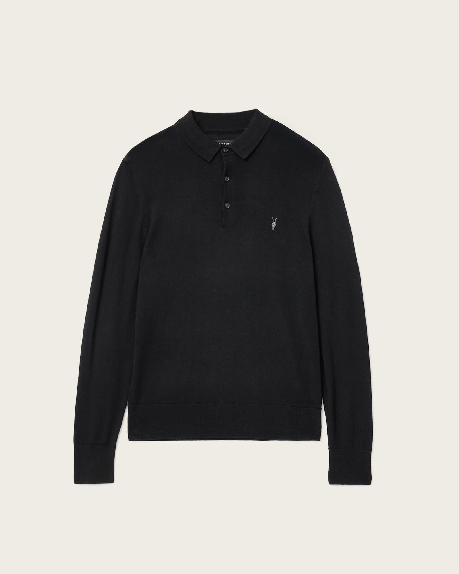 Mode Merino Long Sleeve Ramskull Polo Shirt Black | ALLSAINTS US Product Image