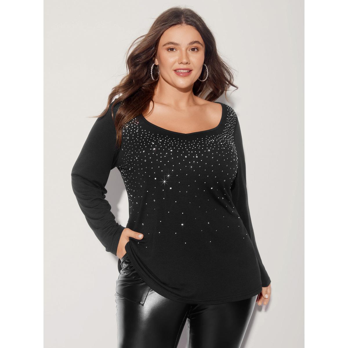 Plus Size Sequin Stretchy Long Sleeve T-shirt Black Women Timeless Rhinestone detailing Heart neckline Elegant T-shirts BloomChic 22-24/3X Product Image