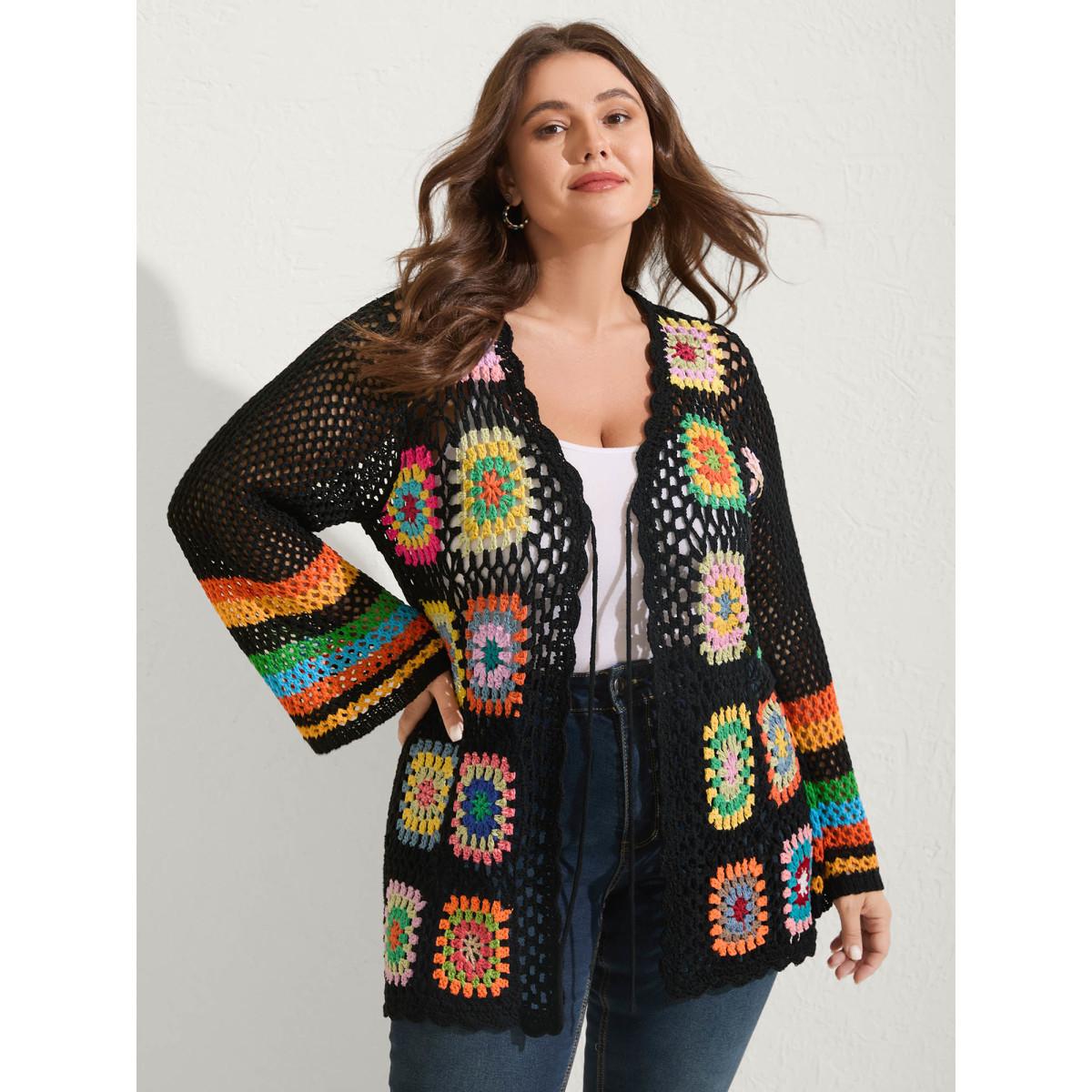 Plus Size Colorful Floral Crochet Tie Knit Cardigan Black Women Playful Loose Long Sleeve Vacation Cardigans BloomChic 22-24/3X Product Image