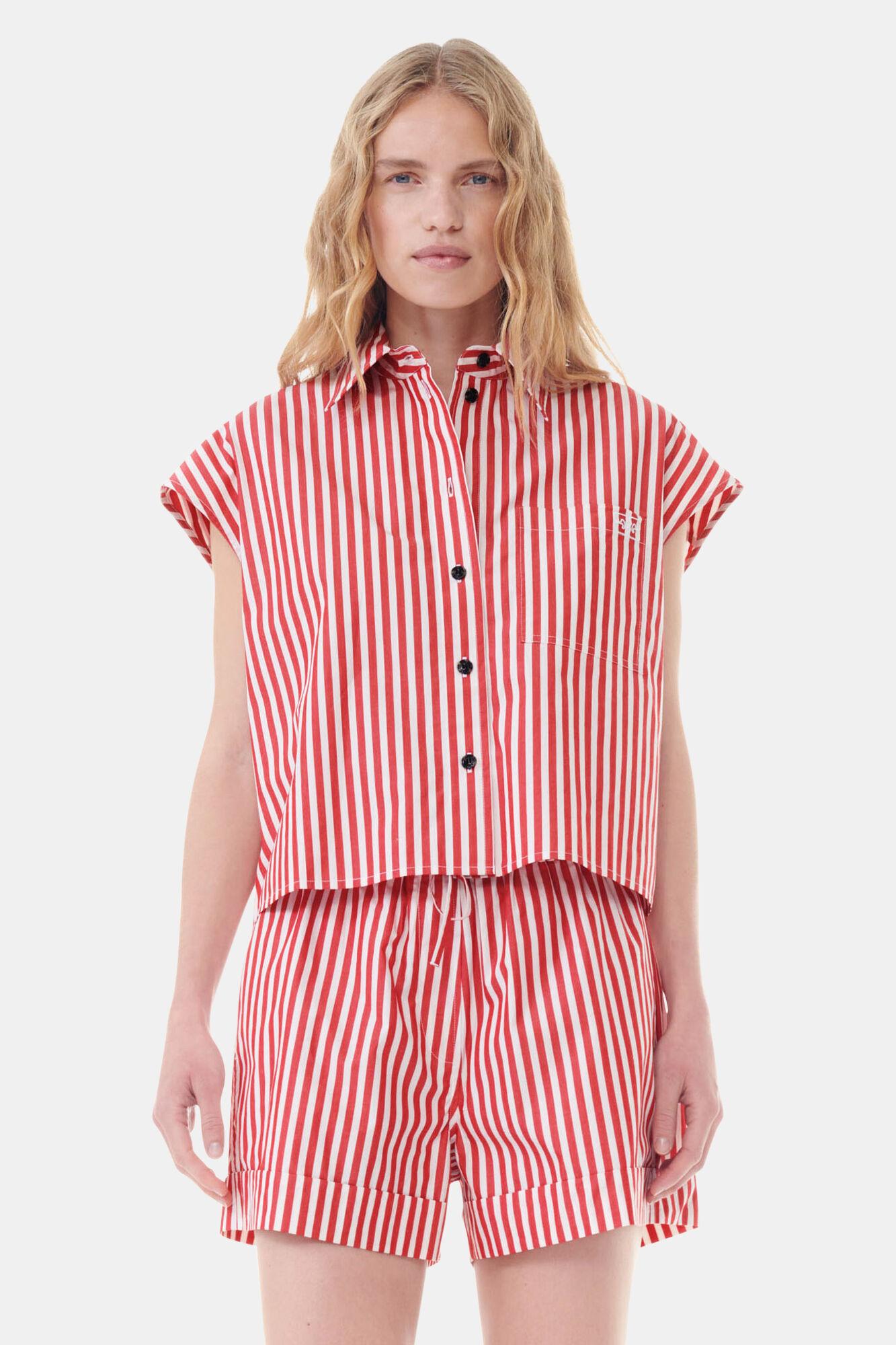 Red Stripe Cotton Tie Collar Shirt Product Image