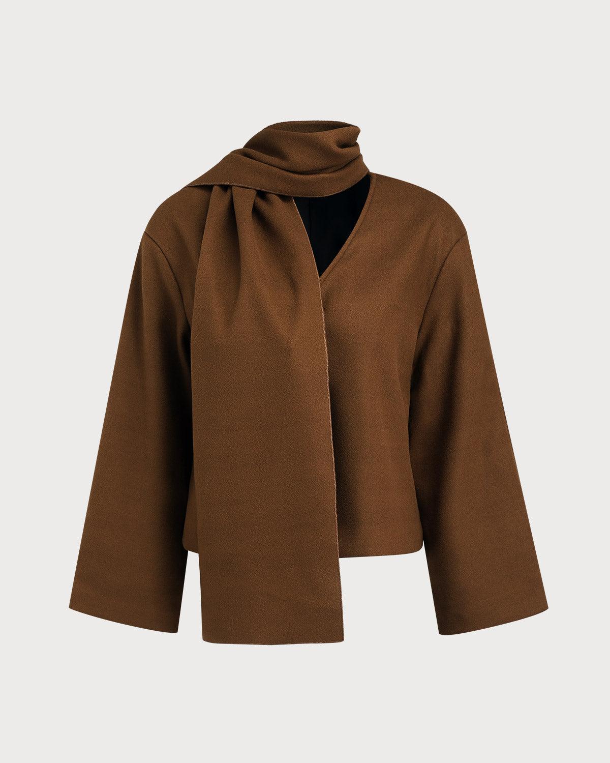 Coffee V Neck Casual Coat Product Image