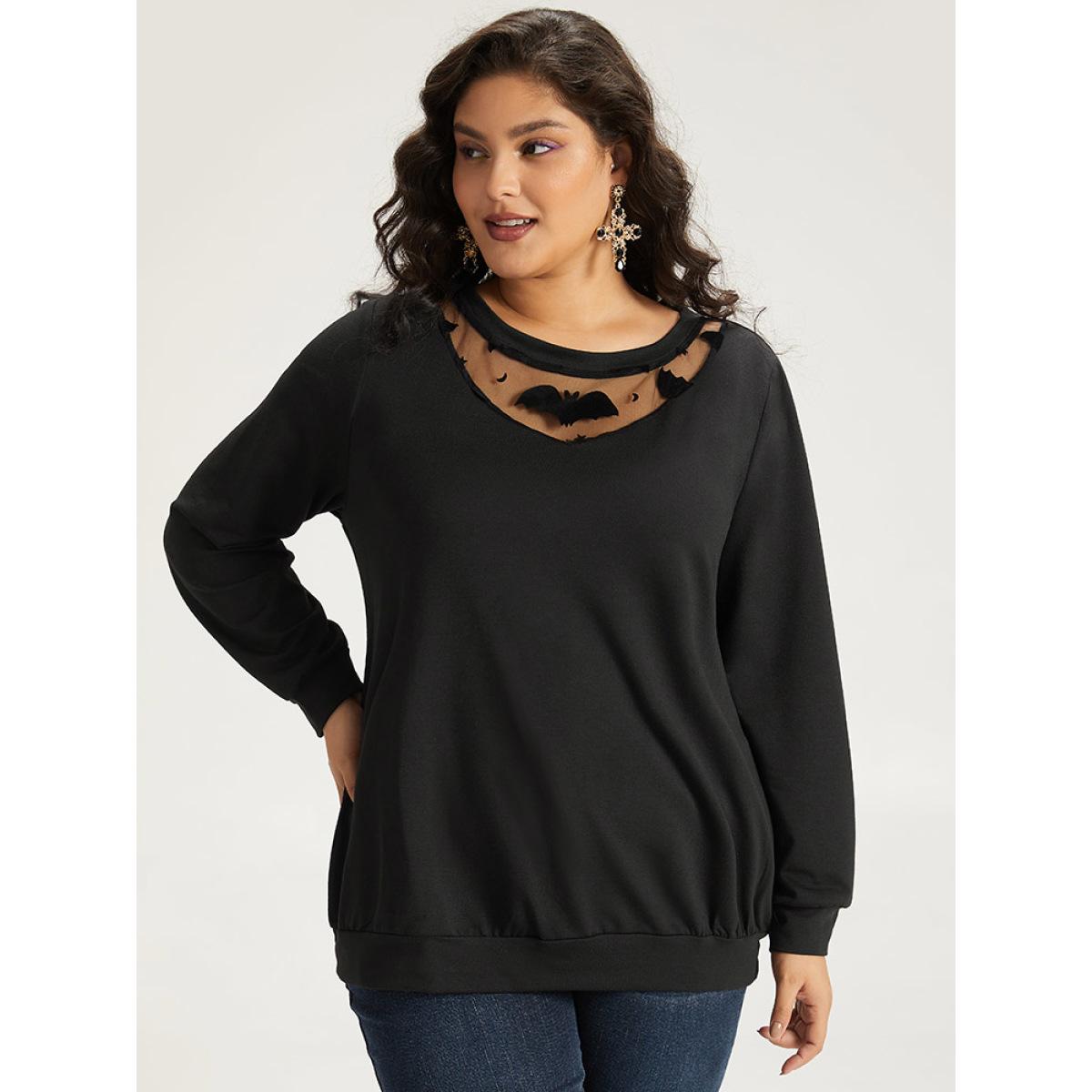 Plus Size Halloween Bat Print Mesh Patchwork Sweatshirt Women Black Elegant Elastic cuffs Round Neck Festival-Halloween Sweatshirts BloomChic 28/5X Product Image