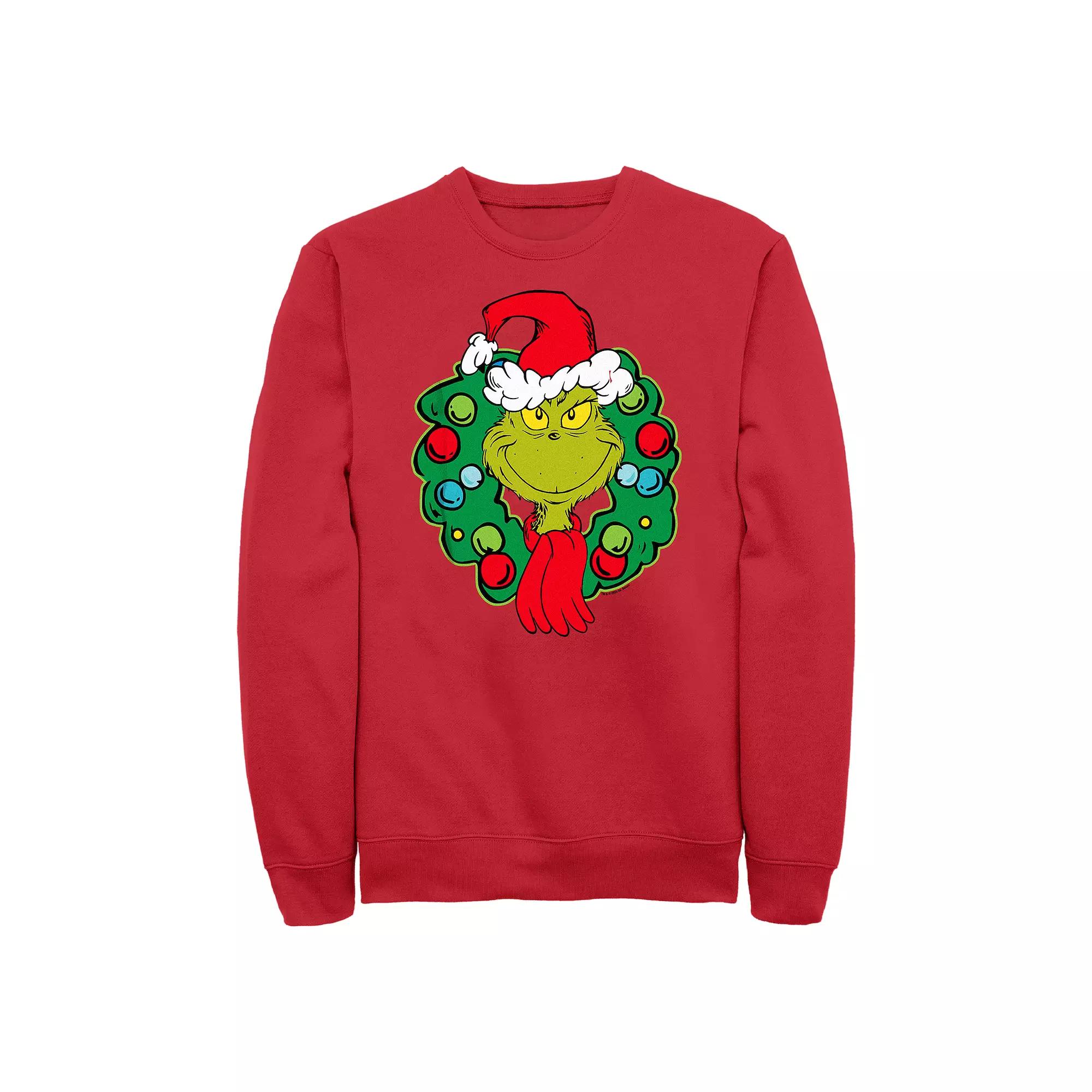 Men's Dr. Seuss Grinch Wreath Fleece Sweatshirt, Size: Medium, Red Product Image