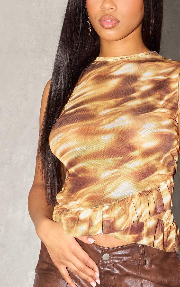 Brown Printed Mesh Frill Long Top Product Image