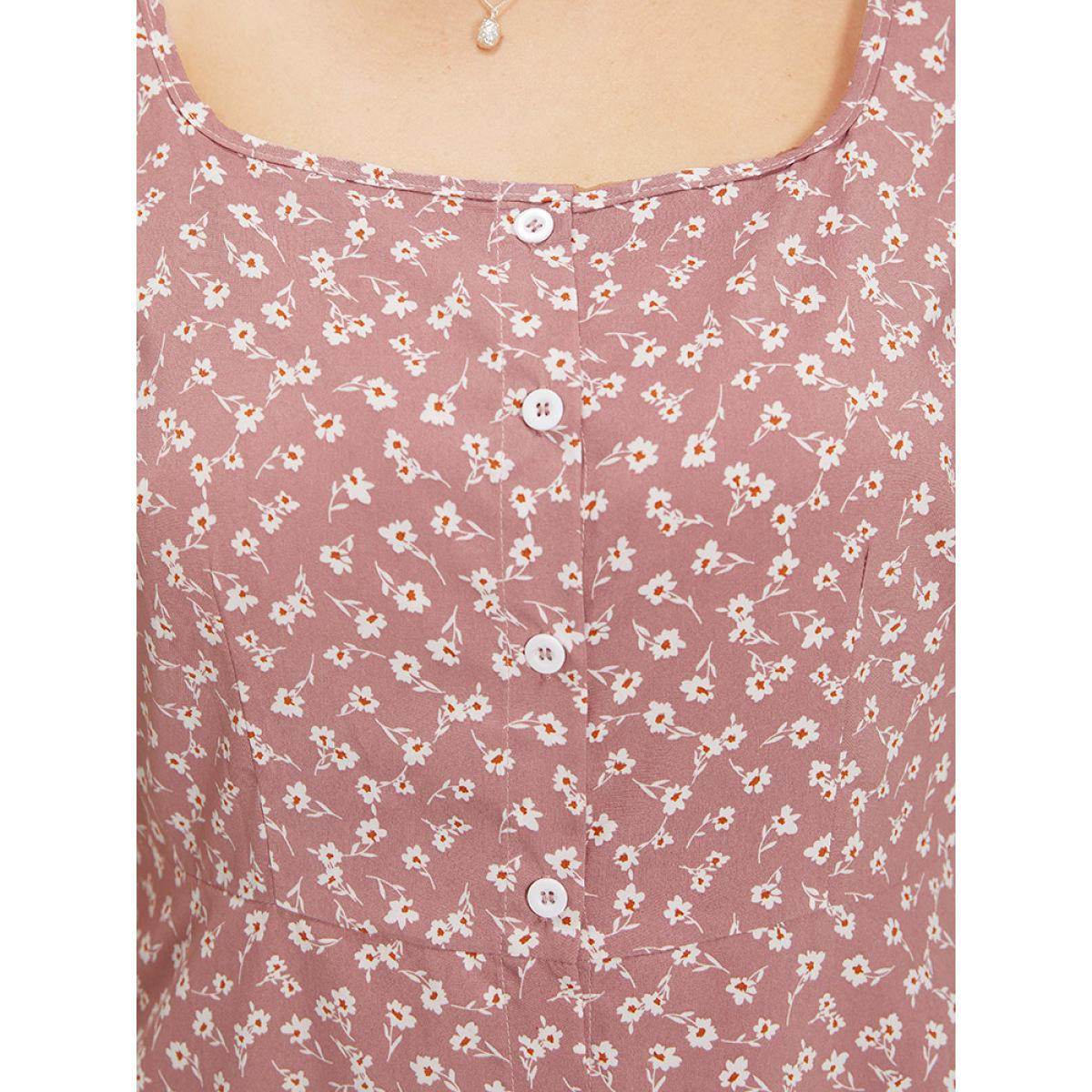 Plus Size Ditsy Floral Square Neck Ruffle Cap Sleeve Split Hem Dress Pink Women Elegant Button Square Neck Short sleeve Curvy Midi Dress BloomChic 28/5X Product Image