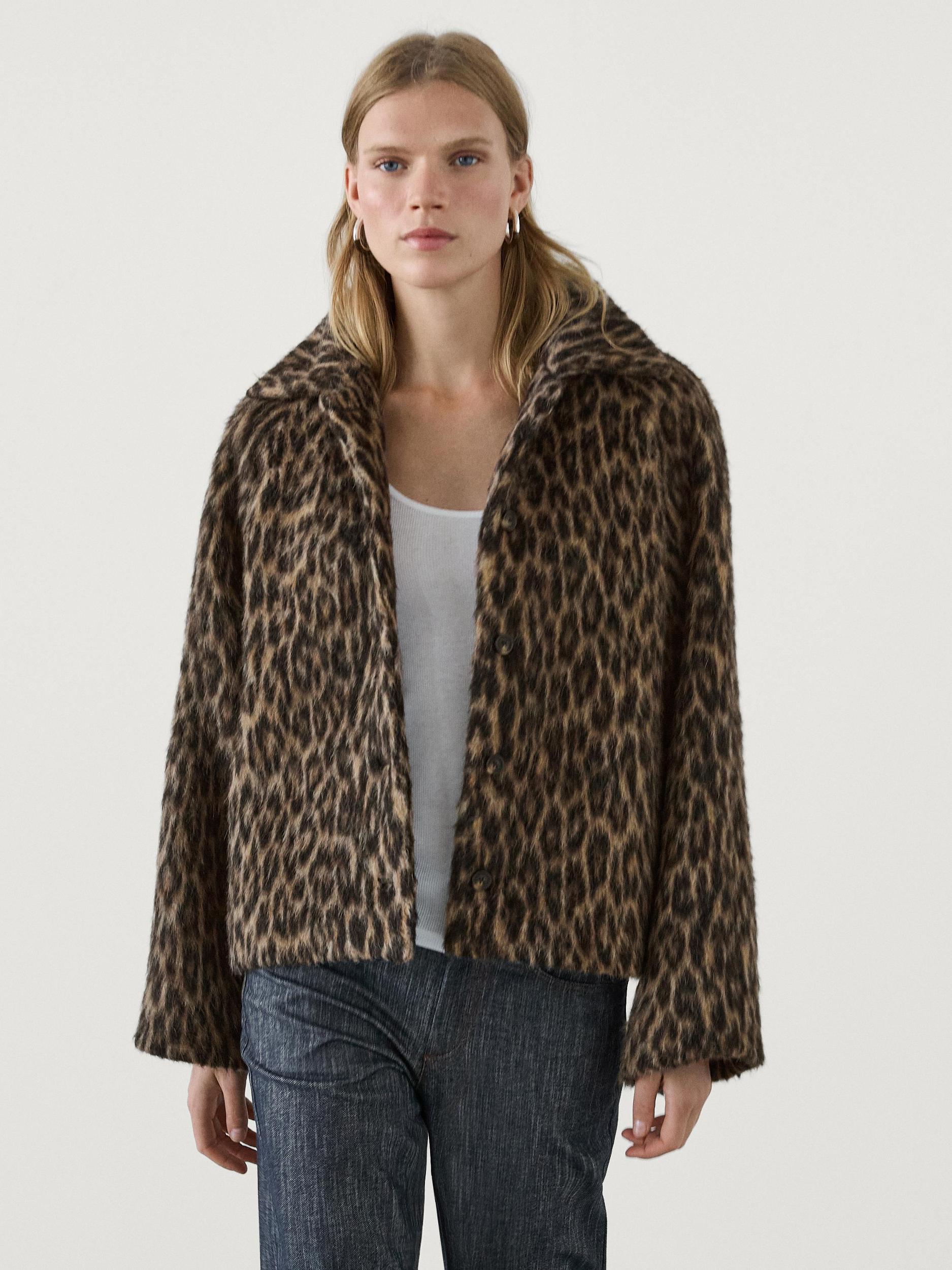 Short animal print collared coat Product Image