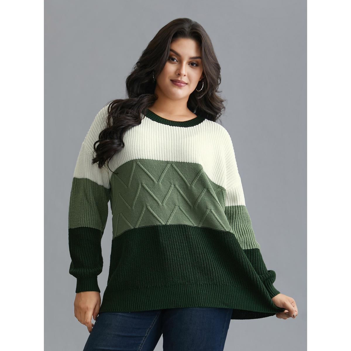 Plus Size Textured Color Block Round Neck Pullover DarkGreen Women Casual Loose Long Sleeve Round Neck Everyday Pullovers BloomChic 14-16/1X Product Image