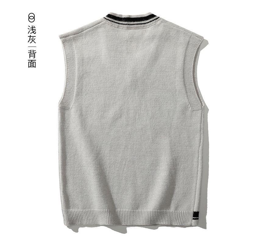 V-Neck Lettering Embroidery Contrast Trim Loose-Fit Sweater Vest Product Image