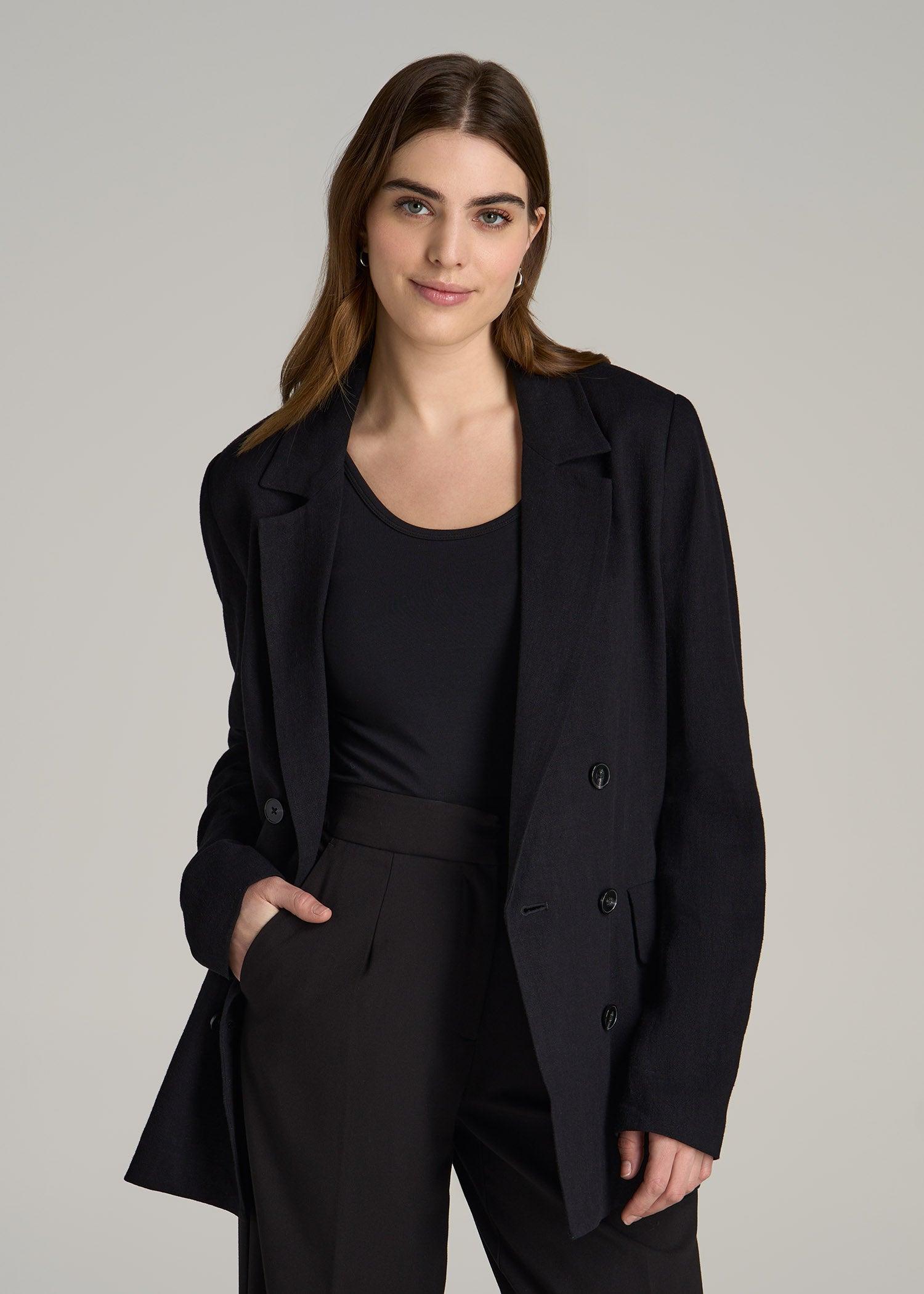 Linen Blend Tie Back Blazer For Tall Women in Black Female Product Image