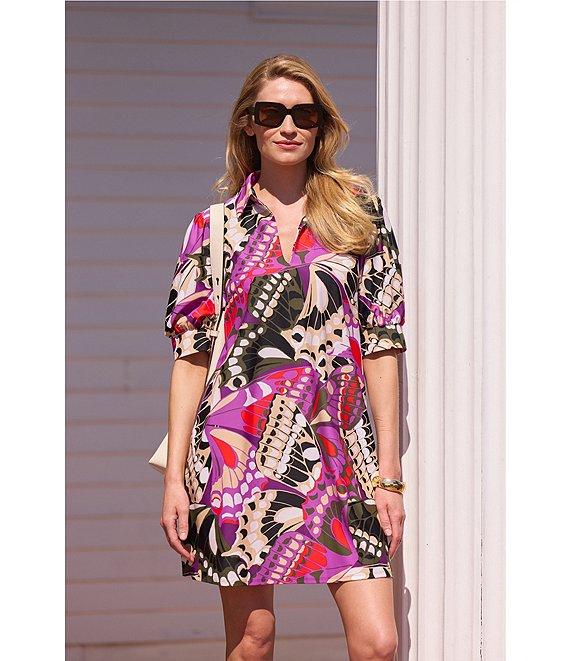 Jude Connally Emerson Butterfly Mosaic Print Jude Cloth Knit Point Collar Puffed Sleeve Shift Dress Product Image