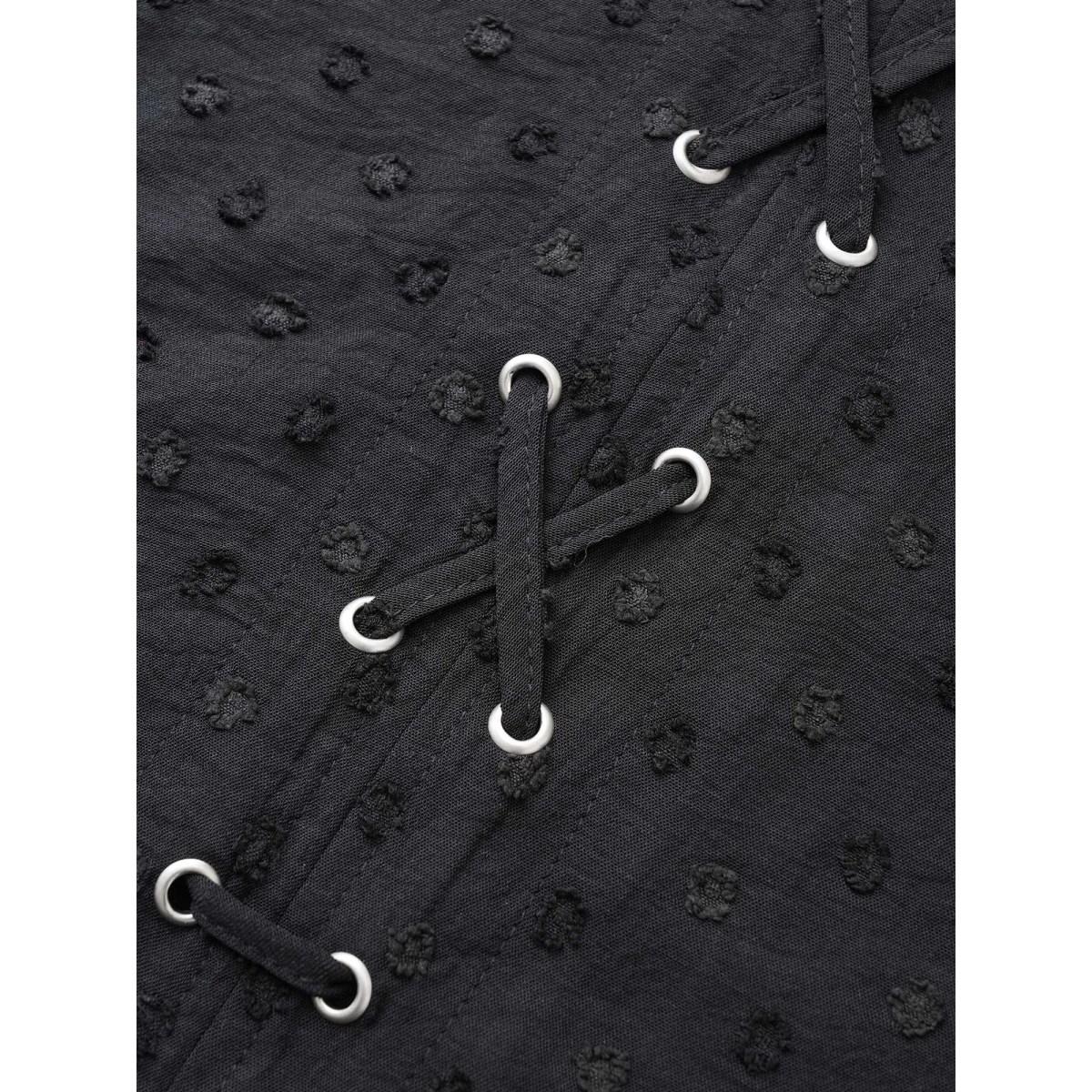 Plus Size Black Texture Drawstring Lantern Sleeve Arc Hem Blouse Women Casual Elbow-length sleeve V-neck Everyday Blouses BloomChic 14-16/1X Product Image