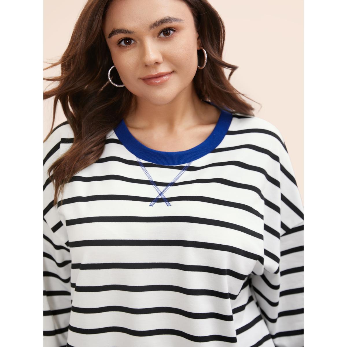 Plus Size Striped Contrast Trim Stitch Sweatshirt Women Black Casual Topstitching Round Neck Everyday Sweatshirts BloomChic 14-16/1X Product Image