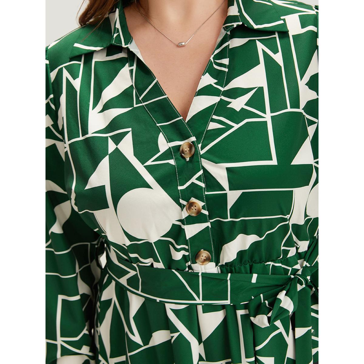 Plus Size Geometric Shirt Collar Belted Pocket Flutter Dress Green Women Office Belted Shirt collar Long Sleeve Curvy Midi Dress BloomChic 14-16/1X Product Image