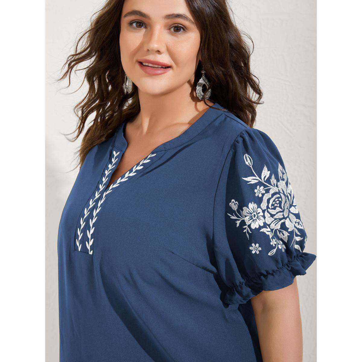 Plus Size Mediumblue Notched Collar Embroidered Ruffled Blouse Women Half Sleeve Flat collar with V-notch Everyday-Elegant Blouses BloomChic 26/4X Product Image
