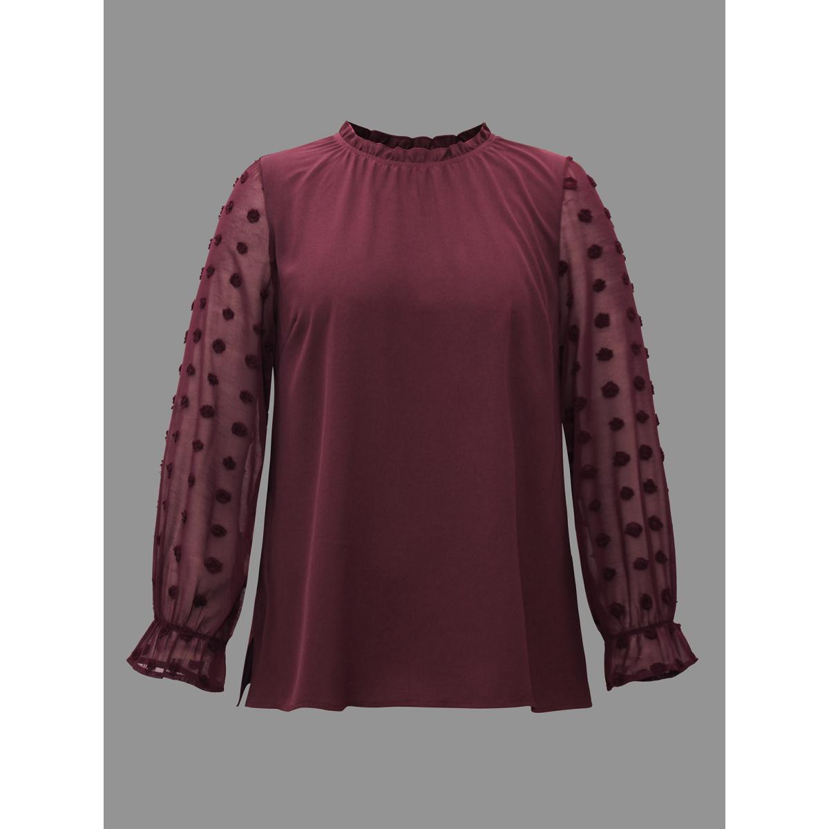 Plus Size Deepred Texture Ruffles Patchwork Gathered Blouse Women Elegant Long Sleeve Stand-up collar Everyday Blouses BloomChic 28/5X Product Image