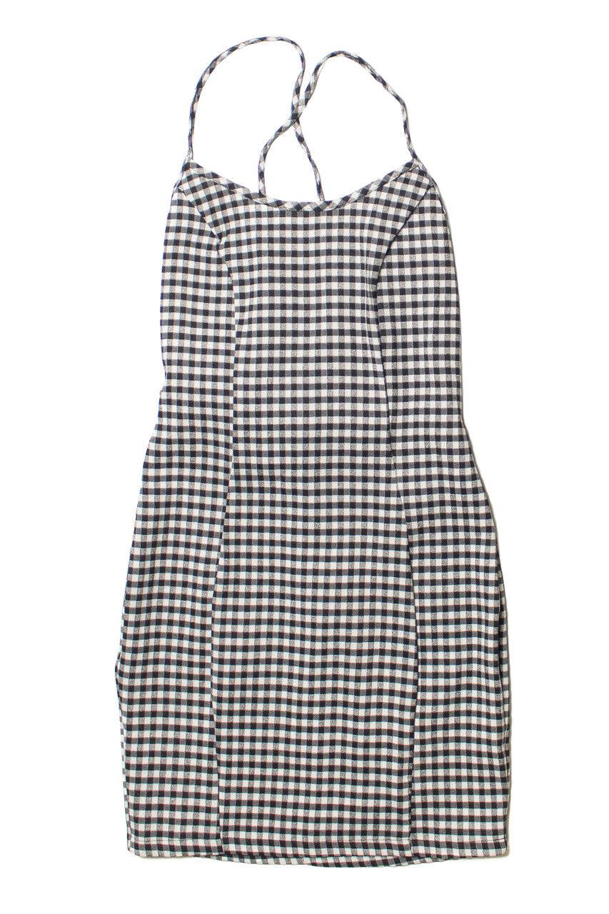 Black Gingham Lace Up Back Mini Dress Product Image