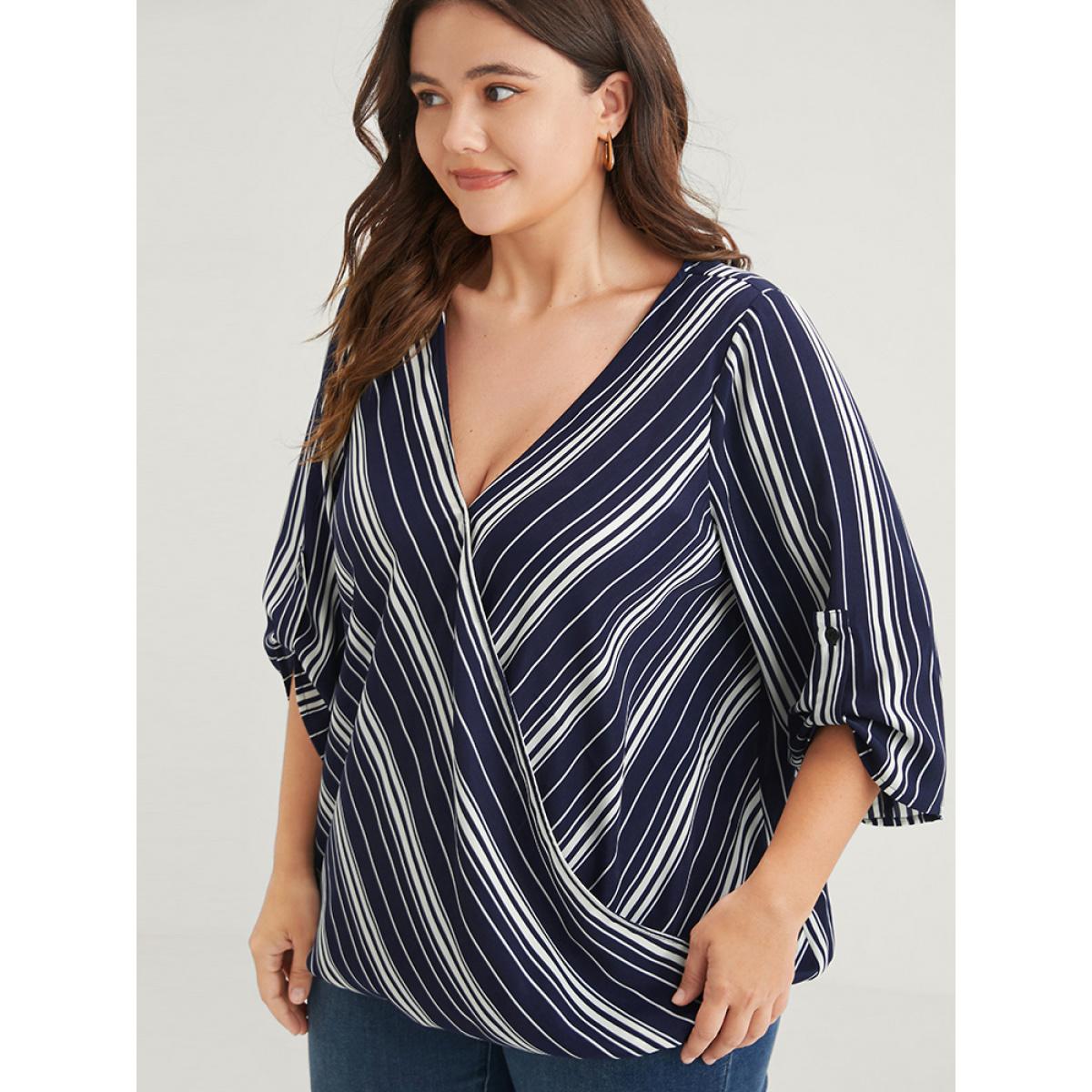 Plus Size DarkBlue Striped Button Cuffed Sleeve Wrap Blouse Women Vacation Short sleeve V-neck Dailywear Blouses BloomChic 22-24/3X Product Image