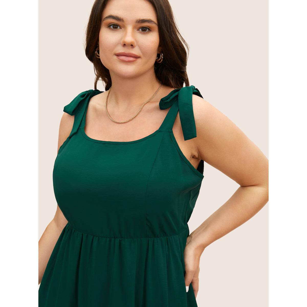 Plus Size Solid Tie Knot Slit Hem Dress DarkGreen Women Formal Tie knot Square Neck Sleeveless Curvy BloomChic 10/M Product Image