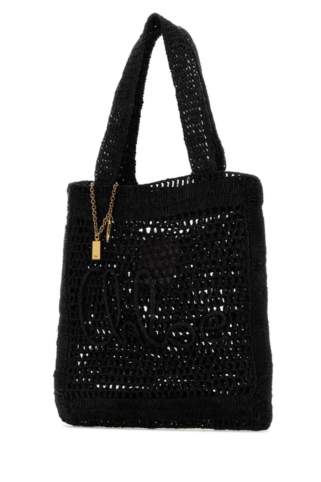 CHLOÉ Summer Banana Embellished Crocheted Embroidered Faux Raffia Tote In Black Product Image