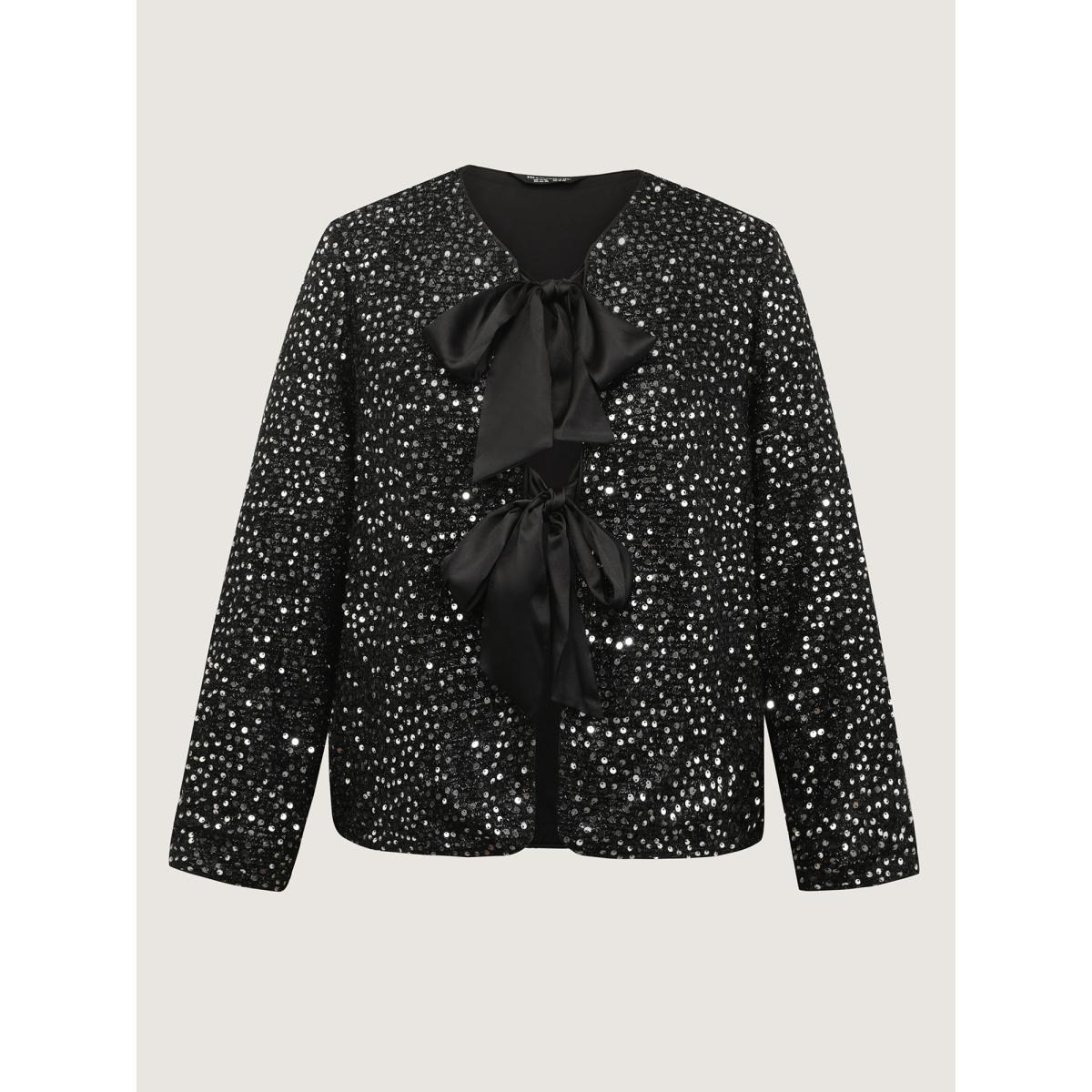 Plus Size Sequin Bowtie Cropped Coat Women Black Party&Cocktail Tie knot Ladies Party Winter Coats BloomChic 30/6X Product Image