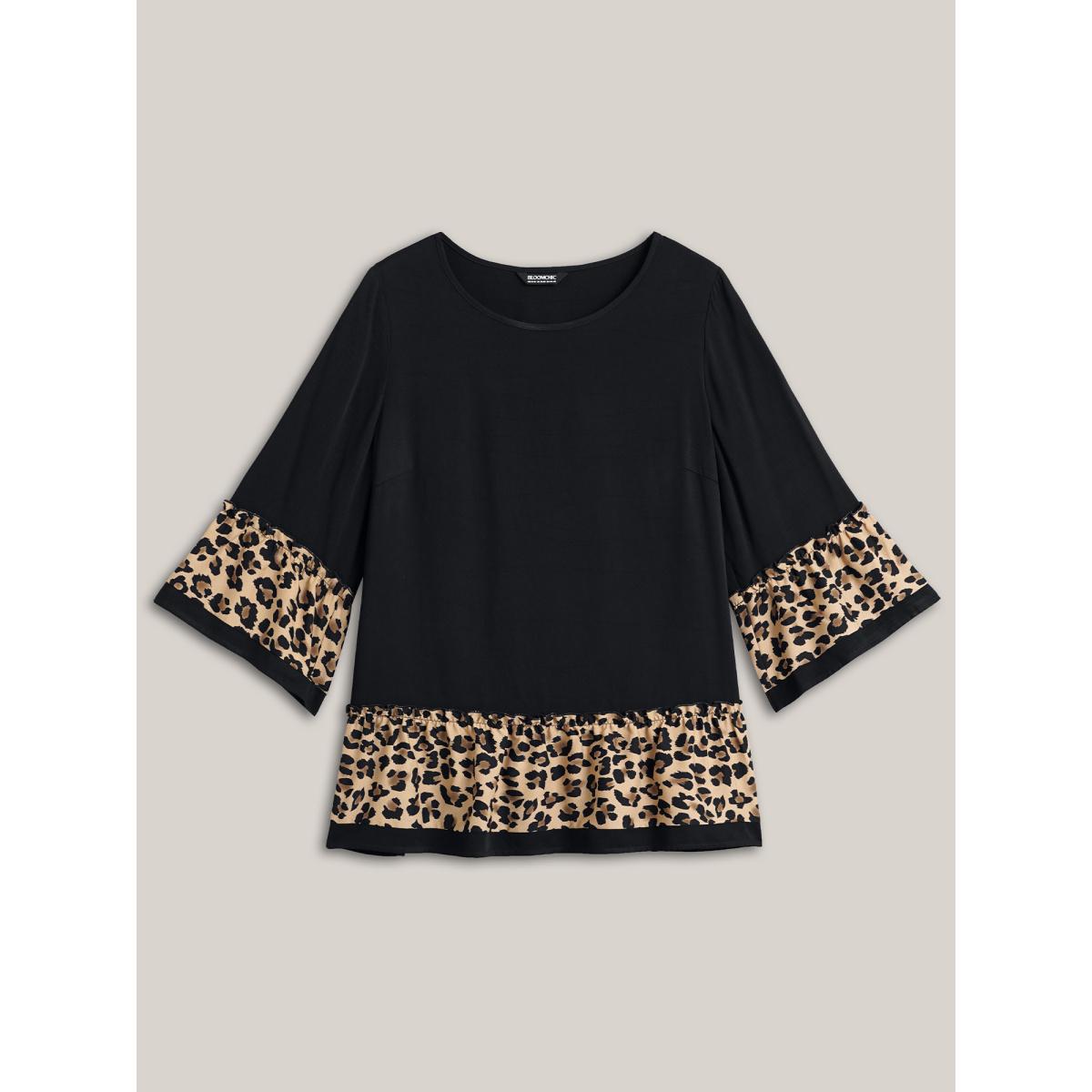 Plus Size Black Leopard Print Patchwork Tiered Blouse Women Casual Elbow-length sleeve Round Neck Everyday Blouses BloomChic 22-24/3X Product Image