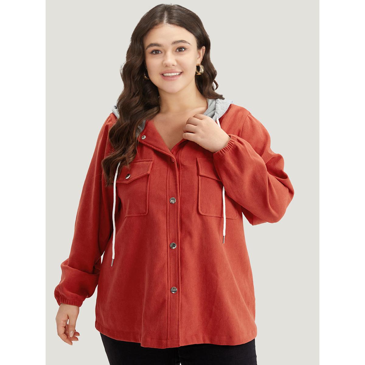Plus Size Contrast Patchwork Button Through Hooded Drawstring Corduroy Coat Women OrangeRed Contrast Pocket Dailywear Jackets BloomChic 10/M Product Image