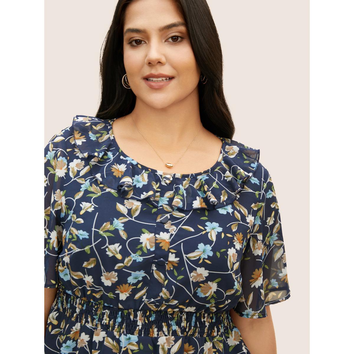 Plus Size Midnight Round Neck Floral Ruffles Shirred Blouse Women Elegant Short sleeve Round Neck Everyday Blouses BloomChic 30/6X Product Image