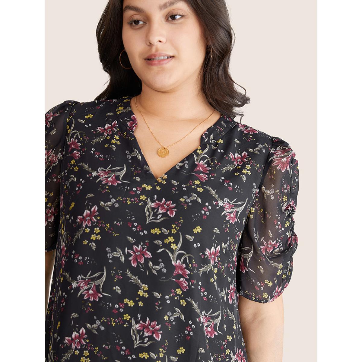 Plus Size BlackFlower Chiffon Ditsy Floral Puff Sleeve Gathered Blouse Women Elegant Short sleeve V-neck Everyday Blouses BloomChic 12/L Product Image