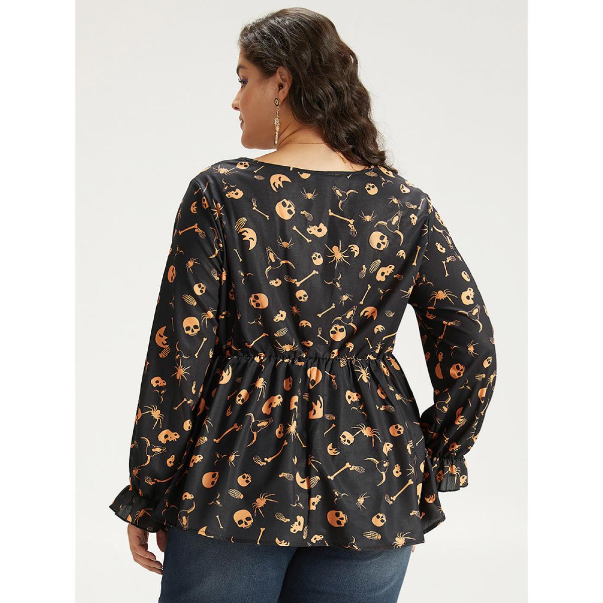 Plus Size Black Halloween Print Elastic Waist Crew Neck Lantern Sleeve Blouse Women Elegant Long Sleeve Round Neck Festival-Halloween Blouses BloomChic 10/M Product Image