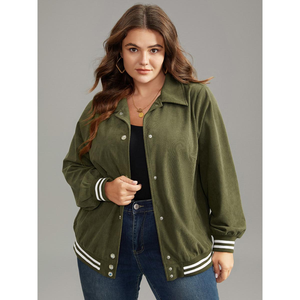 Plus Size Corduroy Striped Trim Button Up Jacket Women ArmyGreen Elastic cuffs Pocket Dailywear Jackets BloomChic 14-16/1X Product Image
