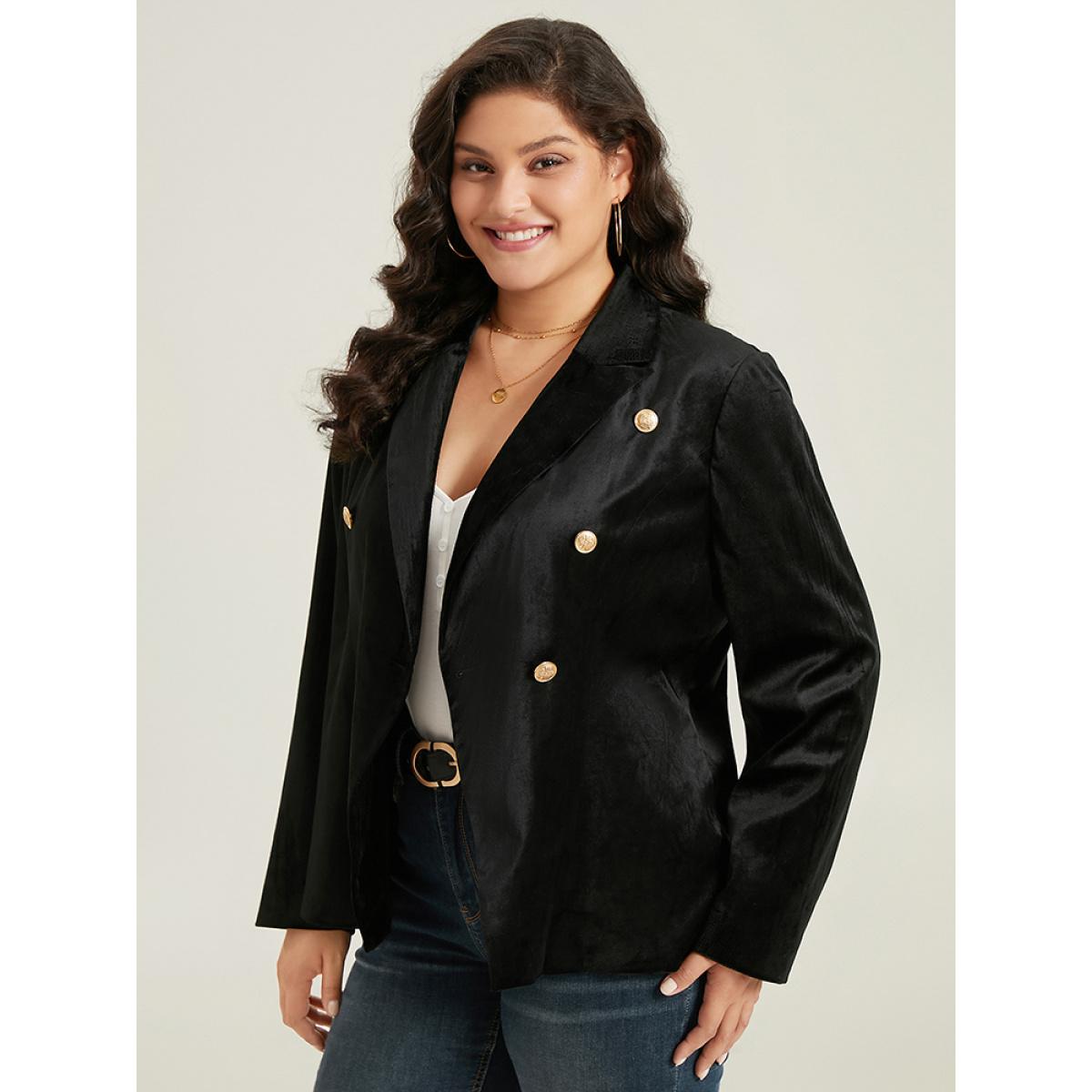 Plus Size Velvet Lapel Collar Metai Detail Blazer Black Women Dailywear Plain Plain Sleeve Long Sleeve Lapel Collar 28/5X Elegant Blazers BloomChic Product Image