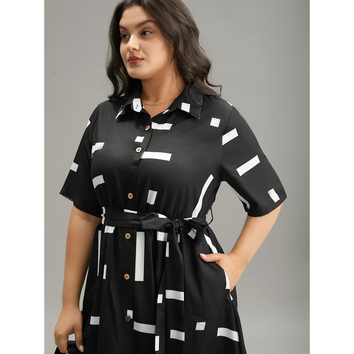 Plus Size Geometric Print Shirt Collar Button Up Belted Dress Black Women Office Belted Shirt collar Short sleeve Curvy Midi Dress BloomChic 30/6X Product Image
