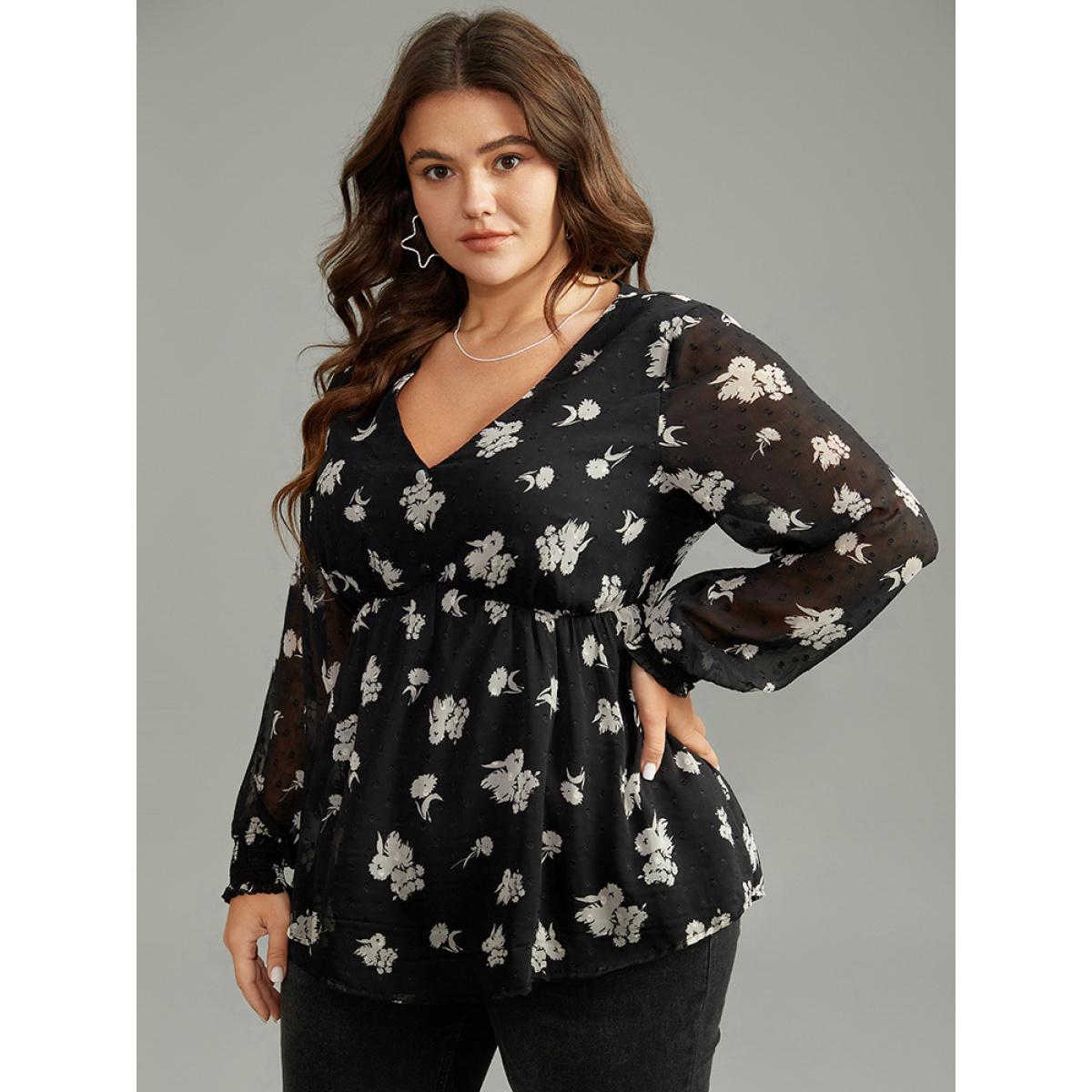 Plus Size BlackFlower Silhouette Floral Print Gathered Shirred Blouse Women Elegant Long Sleeve V-neck Dailywear Blouses BloomChic 26/4X Product Image