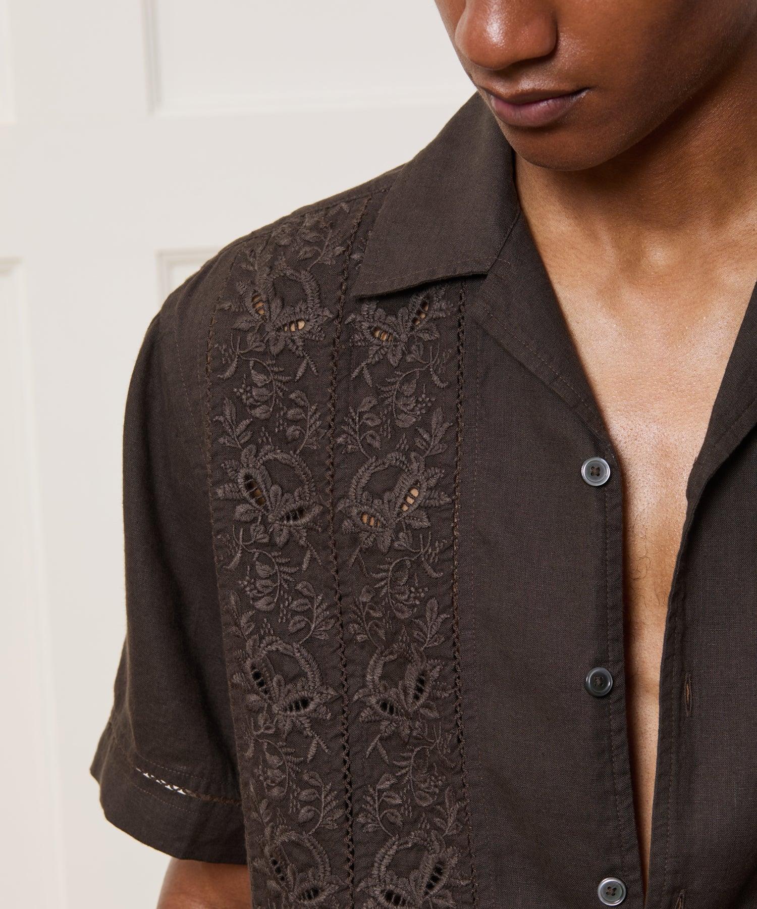 Cropped Embroidered Linen Camp Collar Shirt Product Image