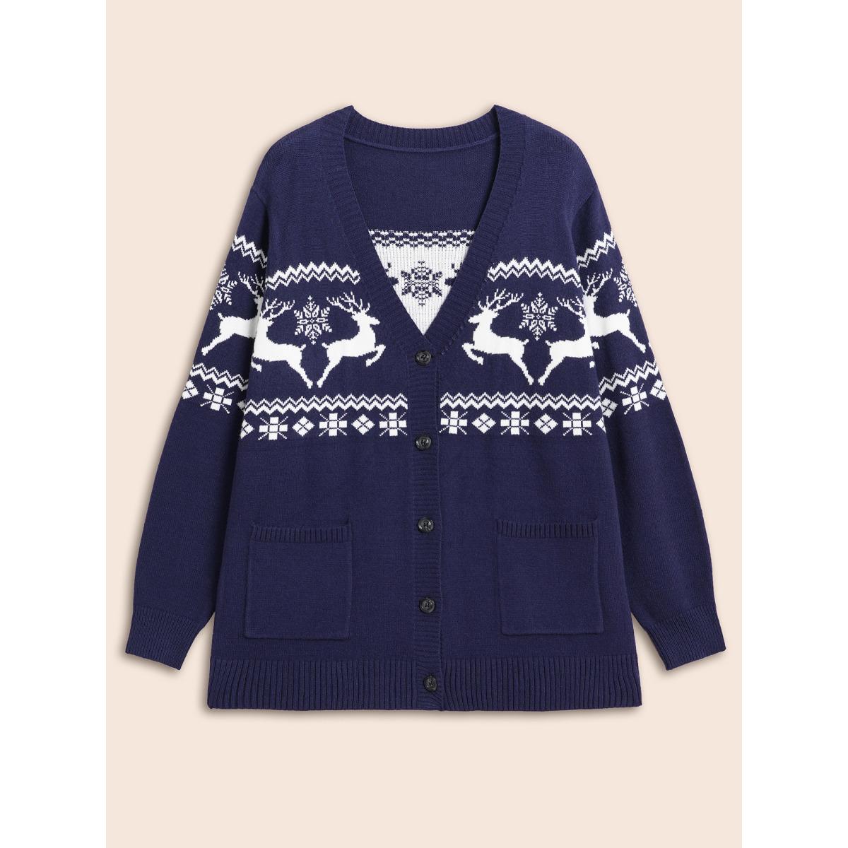 Plus Size Supersoft Essentials Holiday Patterns Button Front Cardigan Indigo Women Casual Loose Long Sleeve Everyday Cardigans BloomChic 12/L Product Image