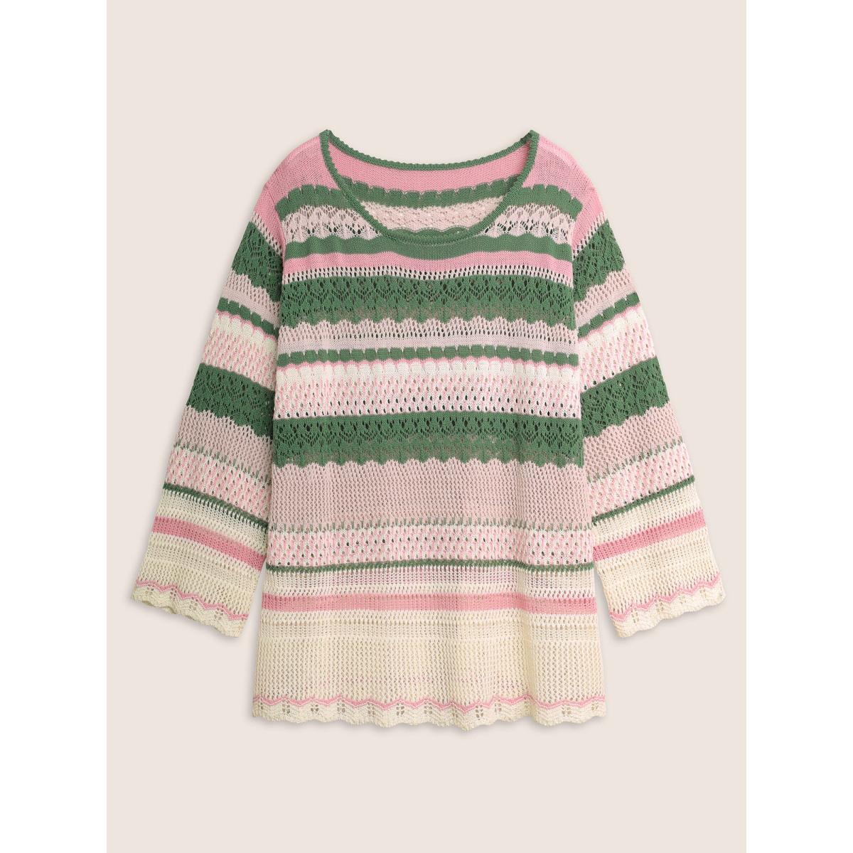 Plus Size Contrast Striped Cut Out Bell Sleeve Pullover Emerald Women Casual Everyday Pullovers BloomChic 14-16/1X Product Image