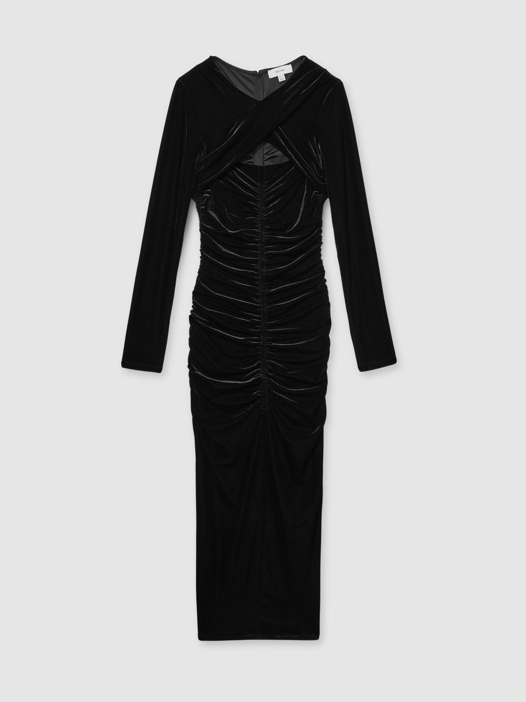 Velvet Ruched Twist-Front Midi Dress in Black Product Image