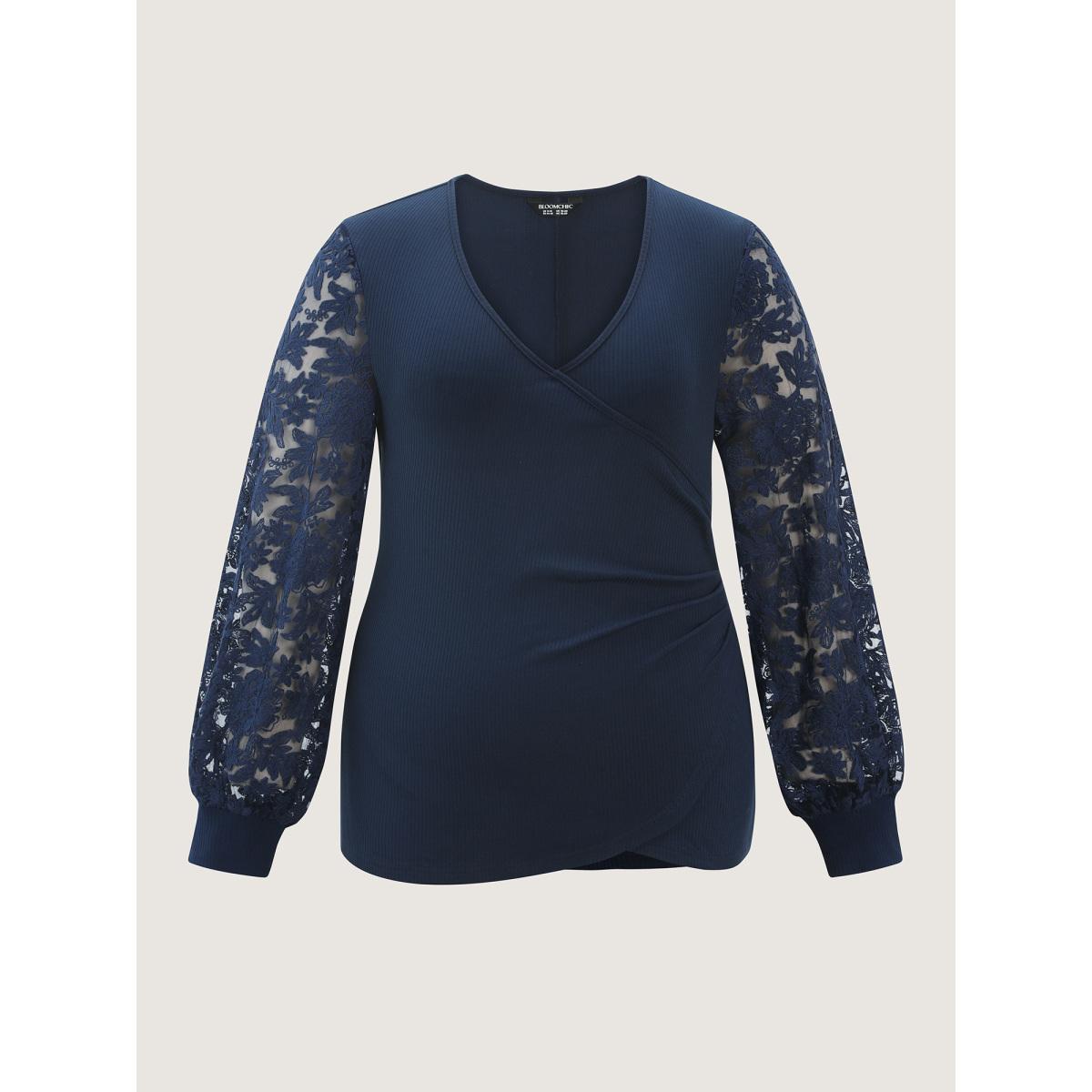 Plus Size Textured Wrap Neck Draped T-Shirt Indigo Women Timeless Overlapping Overlap Collar Elegant T-shirts BloomChic 26/4X Product Image