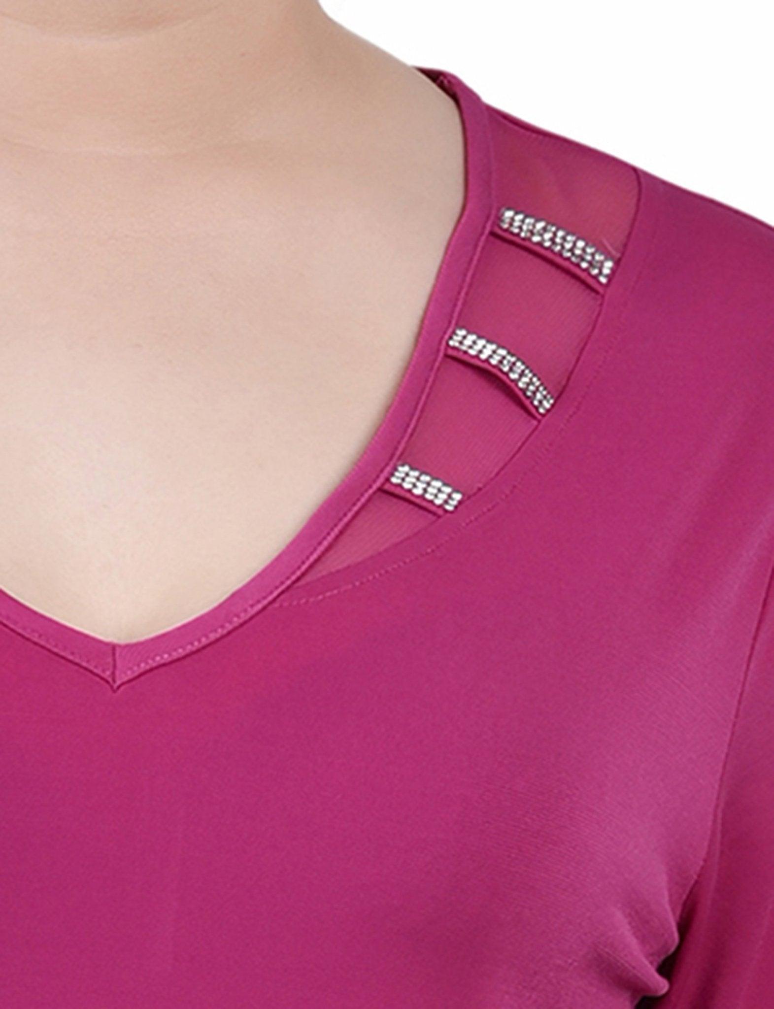Sangria 3/4 Sleeve Top With Illusion Neckline and Stones - Petite Product Image