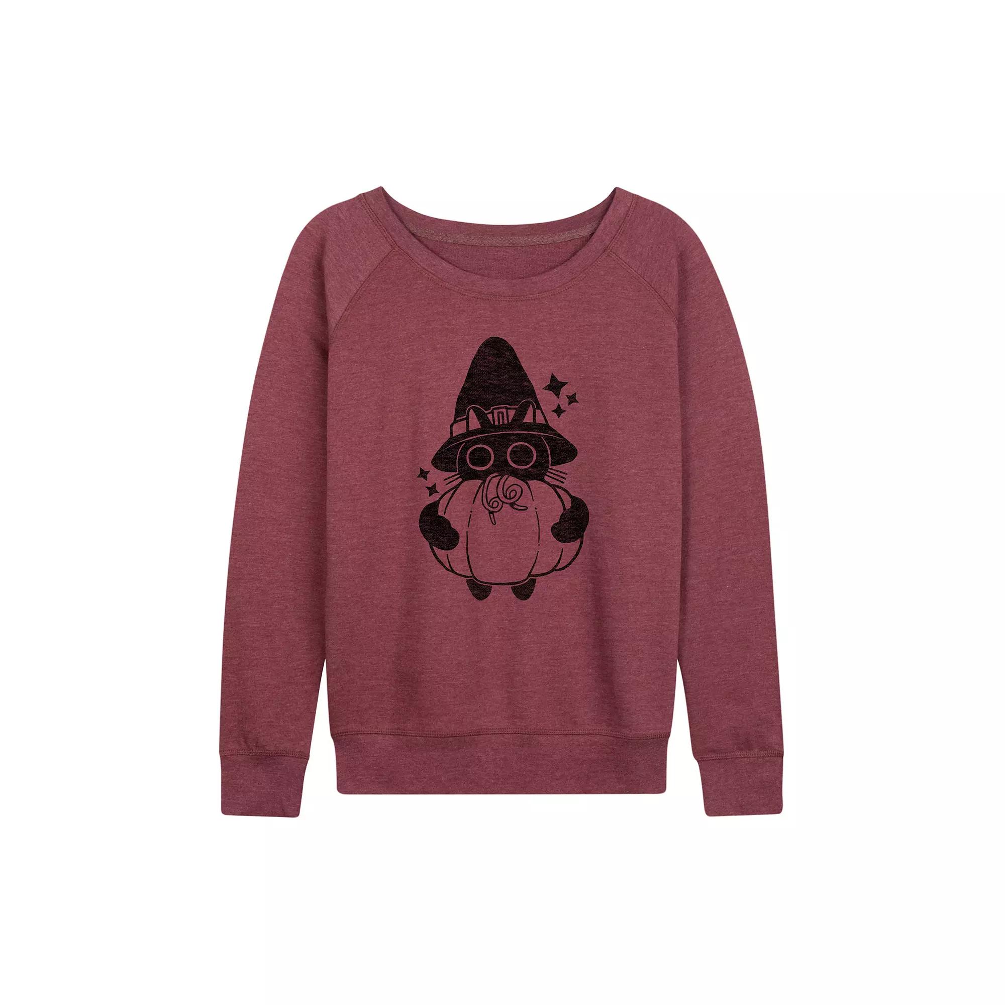 Women's Witch Cat With Pumpkin Halloween French Terry Long Sleeve Tee,  Product Image